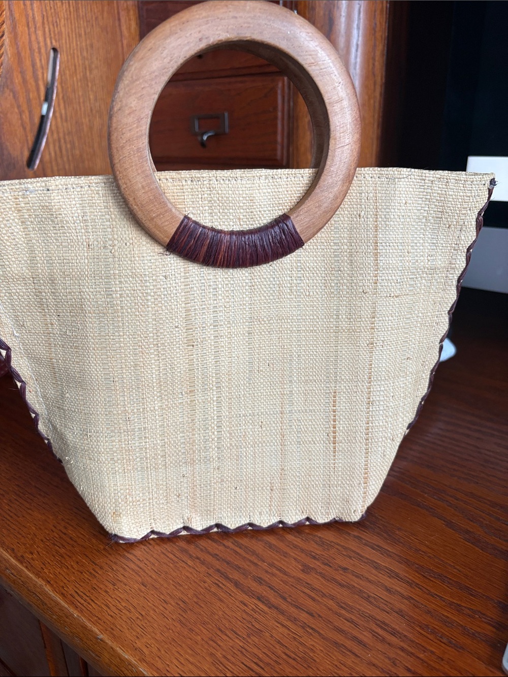 Natural Straw Tote Bag with Wooden Ring Handles